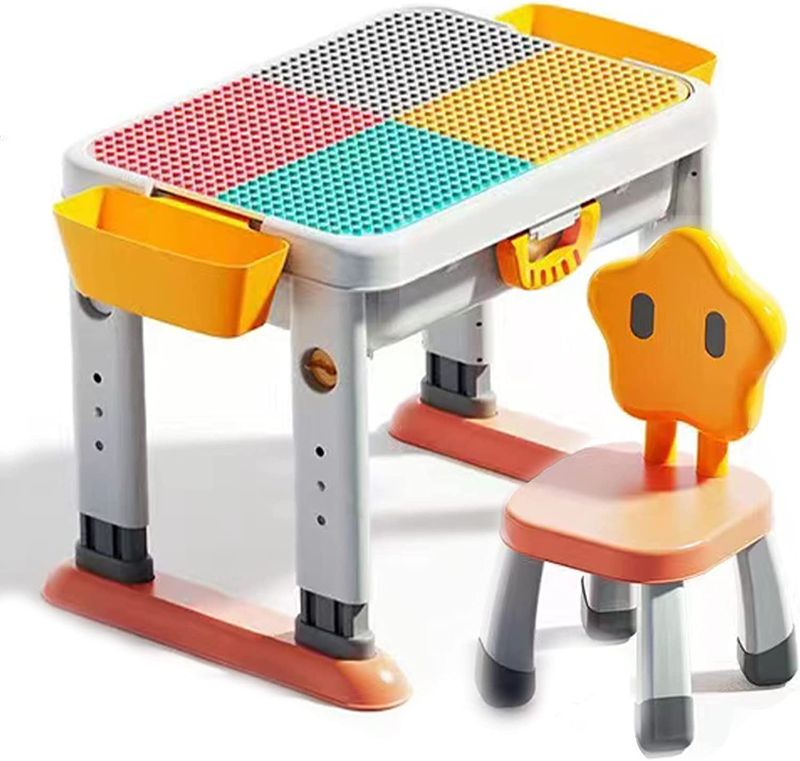 Photo 1 of Kid's 4-in-1 Multi Activity Table for Lego Large Construction Bricks|Children's Play Game Desk with 1 Chair for Educational Toys|Adjustable Height for Toddlers to Preschoolers 3-10 Years Old