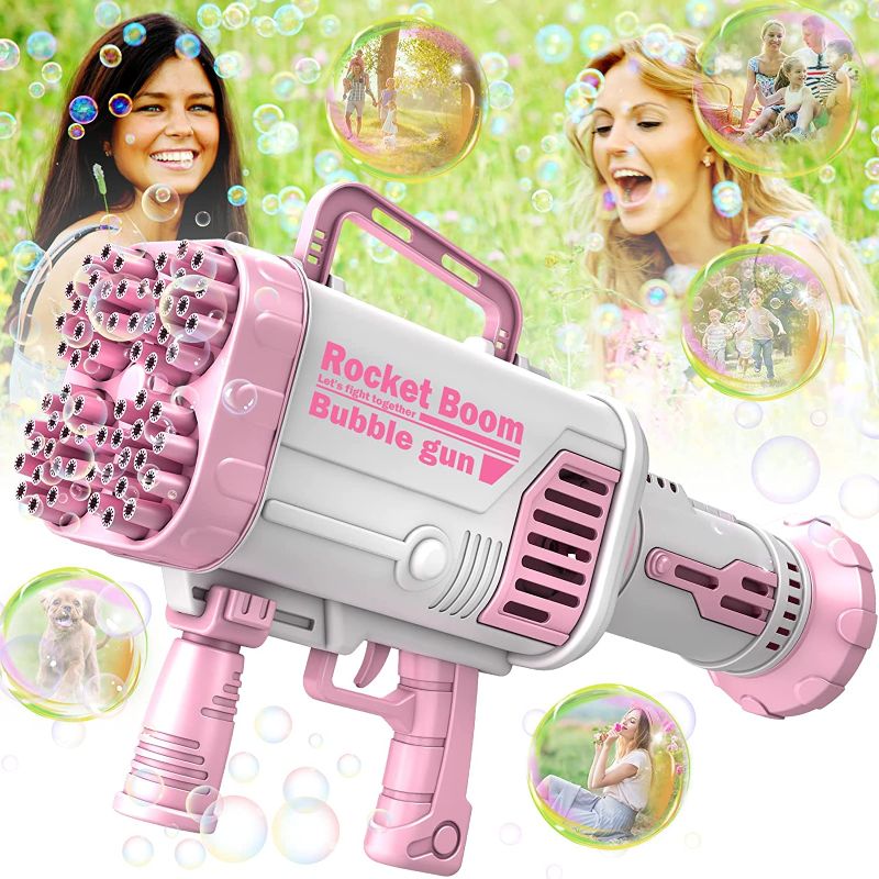 Photo 1 of Bubble Machine Gun - Upgrade 64 Holes Bubble Gun with 2 Bottles Bubble Solution, Bubbles Machine with Batteries, Bubble Makers with Charger Bubble Blower Summer Toy for Kids/Adults - Pink