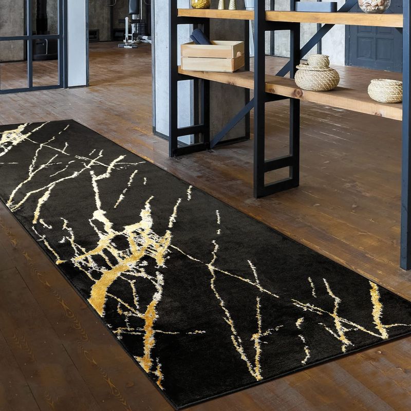 Photo 1 of Antep Rugs Babil Gold 2x10 Marble Abstract Modern Indoor Runner Rug (Black, 2' x 7')