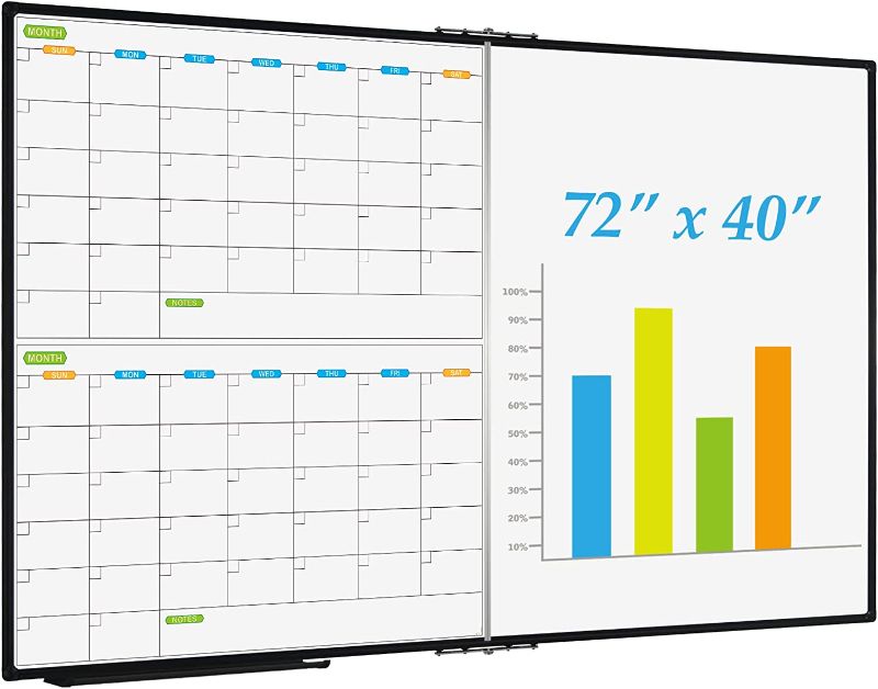 Photo 1 of JILoffice Magnetic Foldable Dry Erase Calendar Whiteboard Combo, 2 Month Calendar Board & White Board 72 X 40 Inch, Black Aluminum Frame Wall Mounted Board for Office Home and School