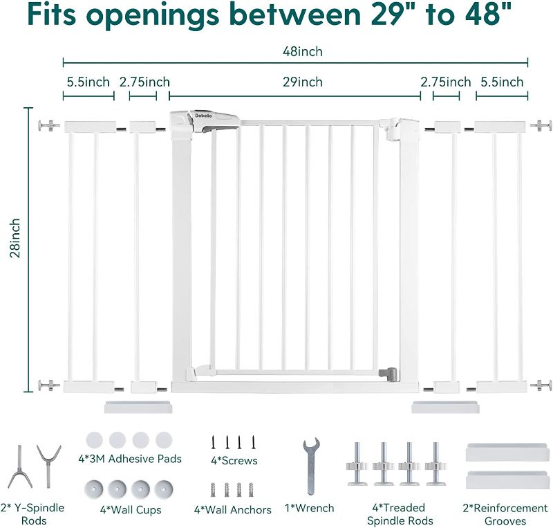 Photo 1 of BABELIO Metal Baby Gate Dog Gate 29-48 Inch Extra Wide Pet Gate for Stairs & Doorways, Pressure Mounted Walk Thru Child Gate with Door, NO Need Tools NO Drilling, with Wall Cups