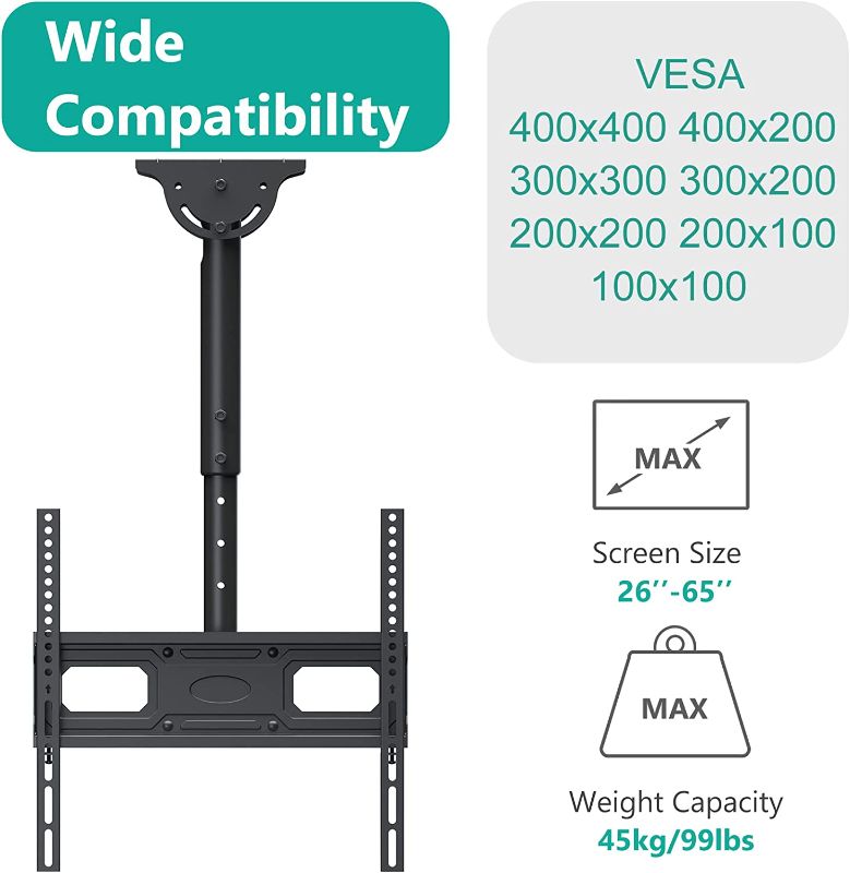 Photo 1 of WALI Ceiling TV Mount, Full Motion Adjustable TV Mount Bracket Fits Most LED, LCD, OLED 4K TVs 26 to 65 inch, up to 99lbs, VESA 400x400mm (CM2665-P), Black