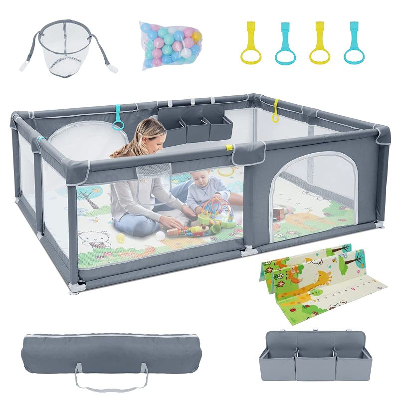 Photo 1 of Baby Playpen with Mat, 79"x59" Extra Large Playpen for Babies and Toddlers, Non-Toxic and BPA-Free Baby Playard, Indoor & Outdoor Kids Activity Center with Safety Gates and Breathable Mesh, Dark Grey