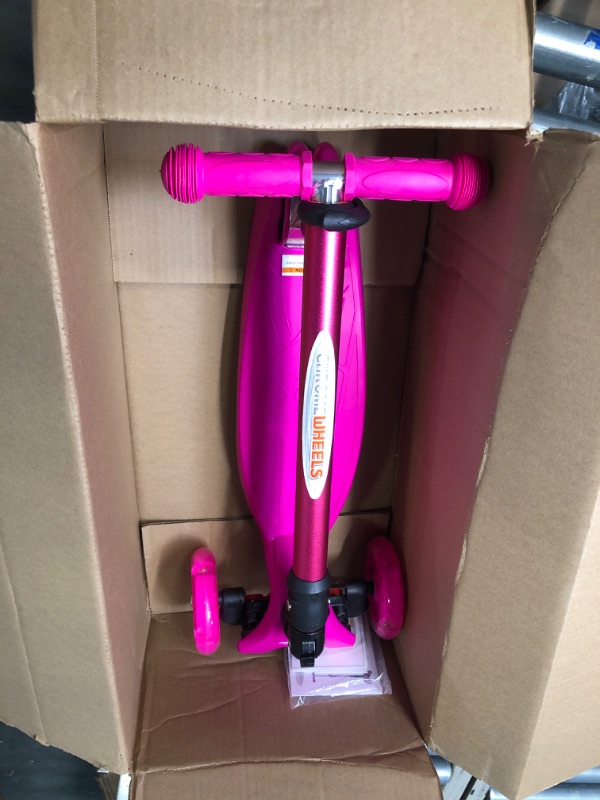 Photo 2 of ChromeWheels Scooters for Kids, Deluxe Kick Scooter Foldable 4 Adjustable Height 132lbs Weight Limit 3 Wheel, Lean to Steer LED Light Up Wheels, Best Gifts for Girls Boys Age 3-12 Year Old # Pink