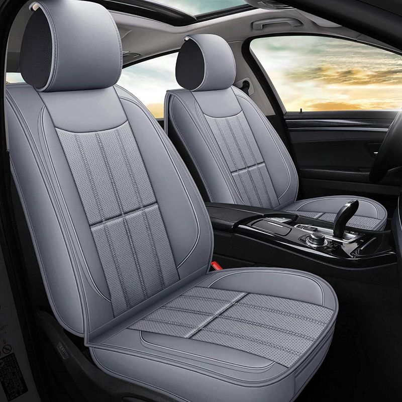 Photo 1 of AOOG Leather Car Seat Covers, Leatherette Automotive Seat Covers for Cars SUV Pick-up Truck, Non-Slip Vehicle Car Seat Covers Universal Fit Set for Auto Interior Accessories, Front Pair, Gray Front Pair 03-GREY