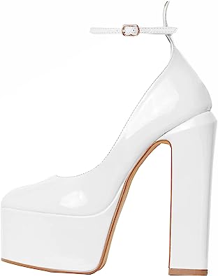 Photo 1 of keleimusi Platform Chunky Pumps Ankle Strap Round Square Toe High Block Heels Patent Leather