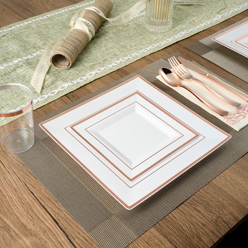 Photo 1 of 175 Piece Rose Gold Dinnerware Set 25 Guest-50 Square Plastic Plates-25 Rose Gold Plastic Silverware-25 Plastic Cups-25 Linen Like Rose Gold Paper Napkins, FOCUSLINE Disposable Dinnerware Set