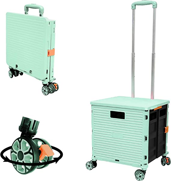 Photo 1 of Foldable Utility Cart Folding Portable Rolling Crate Handcart with Durable Heavy Duty Plastic Telescoping Handle Collapsible 4 Rotate Wheels for Travel Shopping Moving Luggage Office Use (Green)