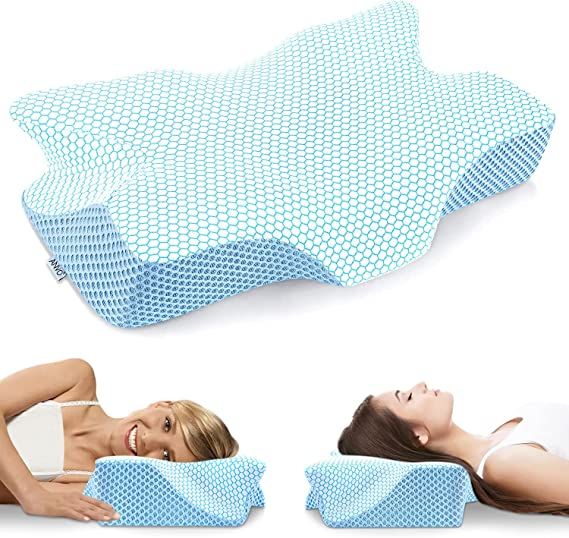 Photo 1 of Anvo Cervical Memory Foam Pillows for Neck Pain, Neck Pillows for Pain Relief Sleeping, Contour Orthopedic Pillow for Side Back Stomach Sleeper - White Blue, Firm
