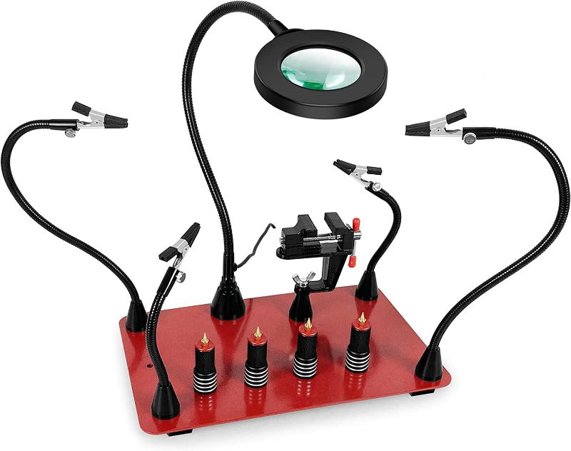 Photo 1 of Soldering Helping Hands Station, NEWACALOX Magnetic Third Hand Helping Tool with 3X Magnifier Lamp, 4 Soldering Helping Arms & Big PCB clamp Holder & 4 PCB Holder Pillars Waterproof
