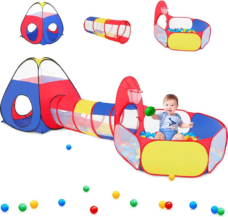 Photo 1 of PigPigPen 3 in 1 Kids Play Tent with Play Tunnel, Ball Pit, Basketball Hoop for Boys & Girls, Toddler Pop Up Playhouse Toy for Baby Indoor/Outdoor, Gift for Year Old Child (Colorful 3pc Play Tent)
