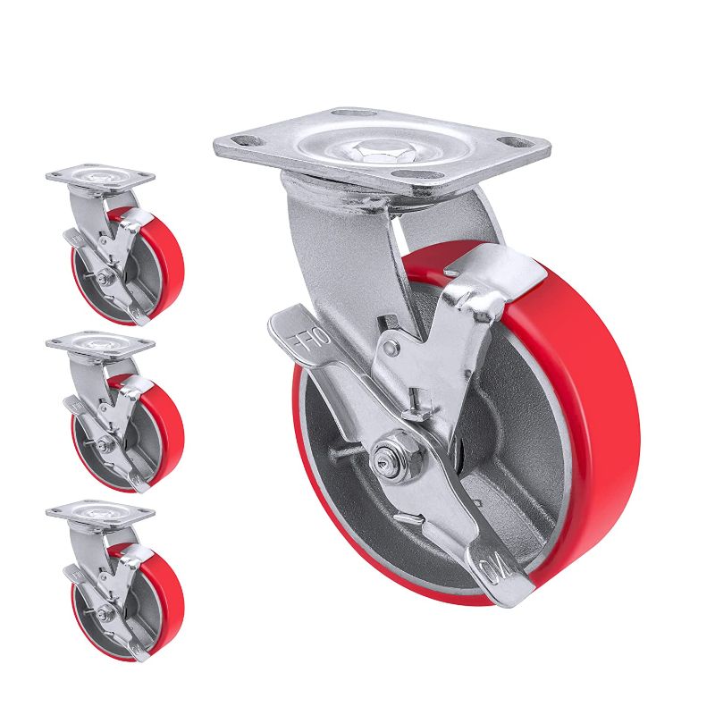 Photo 1 of 6"X 2" Heavy Duty Casters - Industrial Casters Polyurethane Caster with Strong Load-Bearing Capacity 5000 LB, Heavy Duty casters Set of 4, Widely Used in Furniture, WorkBrench, Tool Box (4 Brake)
