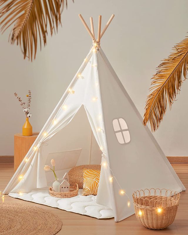 Photo 1 of Tiny Land Teepee Tent for Kids with Light & Padded Mat & Carry Bag,Outdoor Kids Teepee Tent, Washable Play Tent for Toddlers 1-3, 100% Cotton Canvas Foldable Design, Indoor Play Tent for Girls & Boys