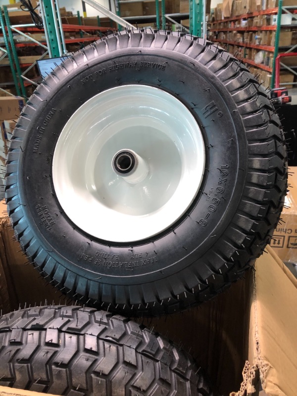 Photo 4 of (2-Pack) 16x6.50-8 Tubeless Tires on Rim - Universal Fit Riding Mower and Yard Tractor Wheels - With Chevron Turf Treads - 3” Offset Hub and 3/4” Bearings - 4 Ply with 615 lbs Max Weight Capacity 16x6.50-8 Tubeless White