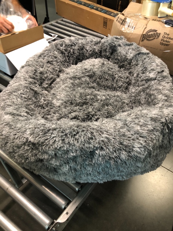 Photo 3 of Coohom Oval Calming Donut Cuddler Dog Bed,Shag Faux Fur Cat Bed Washable Round Pillow Pet Bed(30"/36") for Small Medium Dogs XL(36"x27"x7") Grey