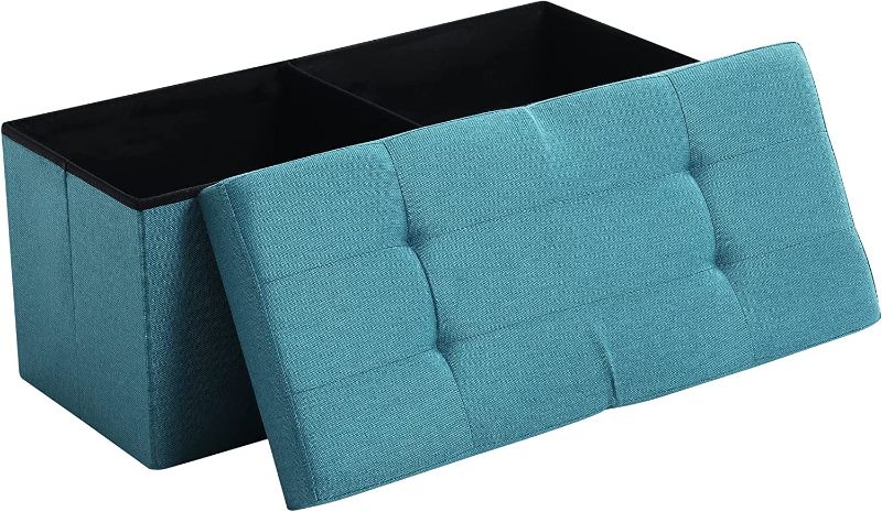 Photo 1 of CUYOCA Storage Ottoman Bench Foldable Seat Footrest Shoe Bench End of Bed Storage with Flipping Lid, 75L Storage Space, 30 inches Linen Fabric Teal Blue
