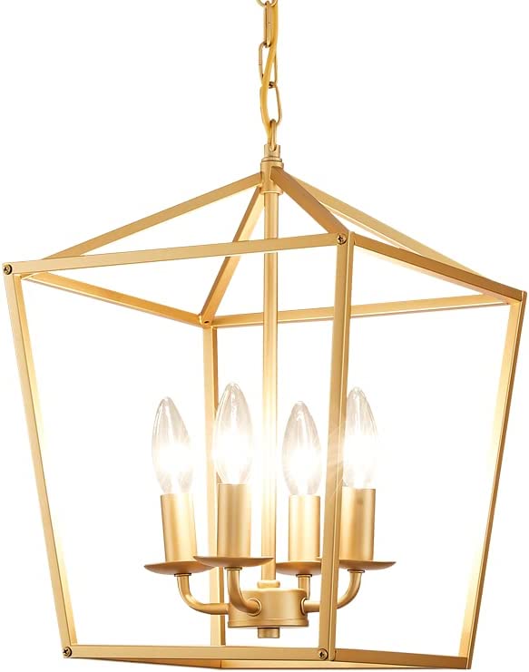 Photo 1 of 4-Light Gold Farmhouse Chandelier, Industrial Ceiling Light Lantern Chandelier with Rustic Metal Cage Adjustable Height Rustic Hanging Light E12 Base for Kitchen Island, Dining Room or Entryway
