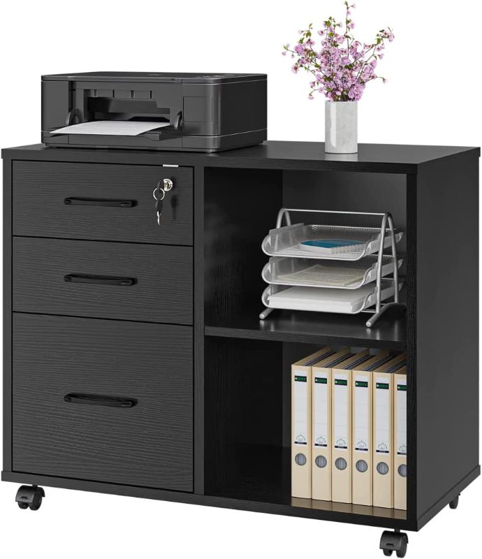 Photo 1 of 3 Drawer Office File Cabinets, Mobile Lateral Printer Stand with Open Storage Shelf, Rolling Filing Cabinet with Wheels Home Office Organization and Storage (Black)
