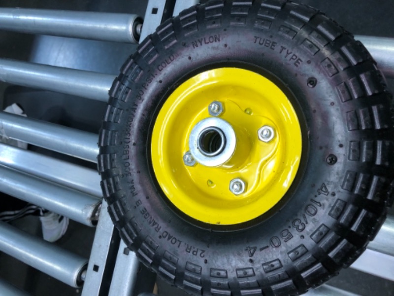 Photo 4 of (4 Pack) AR-PRO 4.10/3.50-4" All Purpose Utility Air Tires and yellow Wheel - with 10" Inner Tube, 5/8" Axle Bore Hole, 2.2" Offset Hub and Double Sealed Bearings for Hand Trucks and Gorilla Cart
