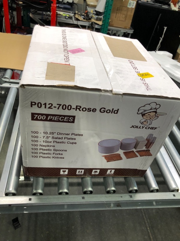 Photo 2 of 700 Piece Rose Gold Dinnerware Set-200 Gold Plastic Plates-300 Rose Gold Plastic Silverware-100 Rose Gold Plastic Cups-100 Disposable Hand Towel-Disposable Dinnerware for Halloween, Thanksgiving