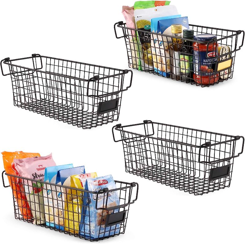 Photo 1 of 4 Pack [ XL Large ] STACKABLE Wire Baskets for Organizing - Pantry Storage and Organization Metal Bins for Produce, Food, Fruit - Kitchen Bathroom Closet Cabinet, Countertop, Under Sink Organizer
