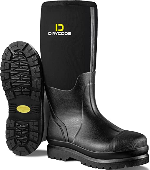 Photo 1 of DRYCODE Work Boots for Men with Steel Shank, Waterproof Rubber Boots, Warm 6mm Neoprene Anti Slip Durable Rain Boots, Size 9 Black