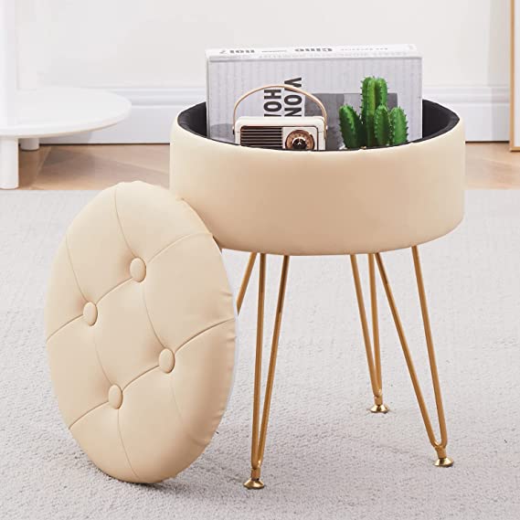 Photo 1 of Cpintltr Storage Ottoman Oil Wax Faux Leather Round Footrest Stool Multifunctional Upholstered Ottoman with Metal Legs Modern Vanity Stools Tray Top Coffee Table for Living Room Bedroom Beige