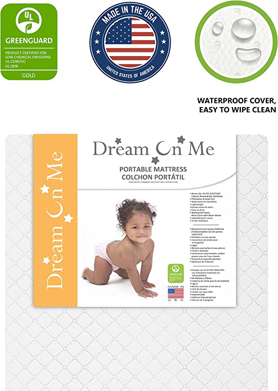 Photo 1 of Dream On Me Sunset 3” Extra Firm Fiber Crib Mattress, Greenguard Gold Certified, Waterproof Vinyl Cover, Baby Mattresses for Cribs, Fits Mini and Portable Cribs 38x24", white