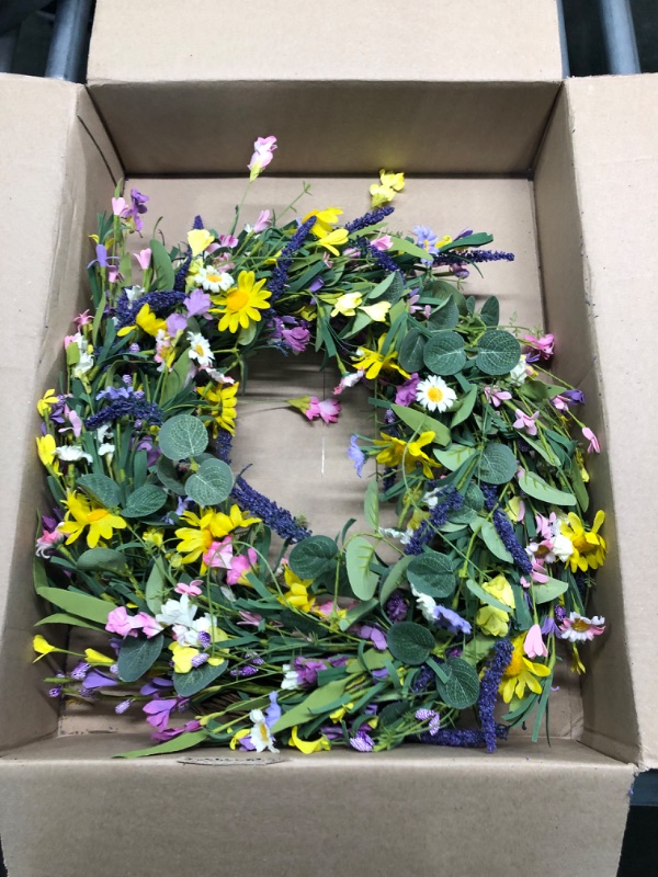 Photo 2 of 24 Inch Artificial Lavender Wreath, Floral Farmhouse Wreath with Purple Florets, Daisy, Lavender, Green Leaves Spring Wildflower Wreath for Front Door Wedding Decor