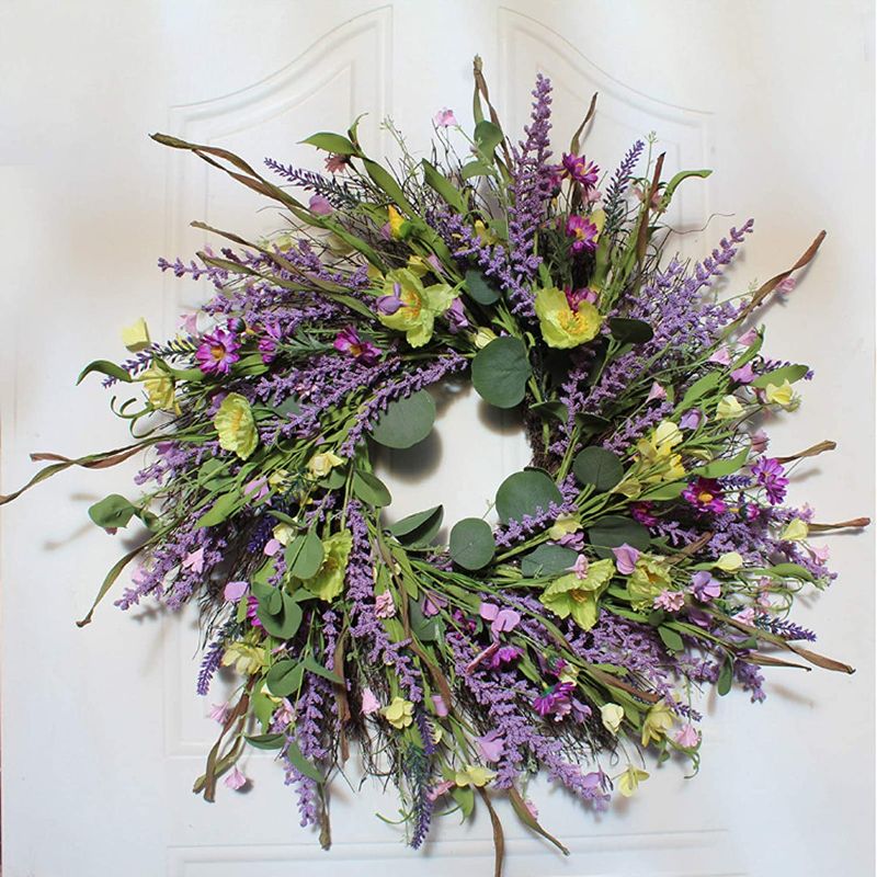 Photo 1 of 24 Inch Artificial Lavender Wreath, Floral Farmhouse Wreath with Purple Florets, Daisy, Lavender, Green Leaves Spring Wildflower Wreath for Front Door Wedding Decor