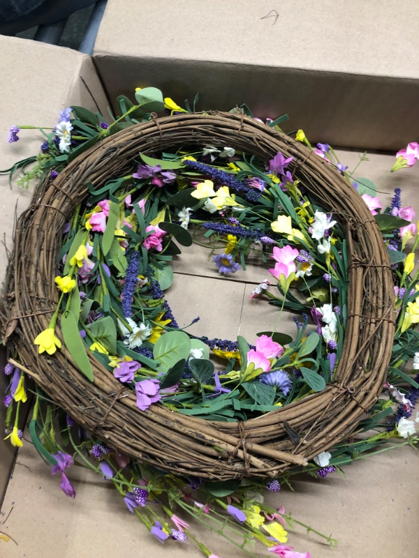 Photo 3 of 24 Inch Artificial Lavender Wreath, Floral Farmhouse Wreath with Purple Florets, Daisy, Lavender, Green Leaves Spring Wildflower Wreath for Front Door Wedding Decor