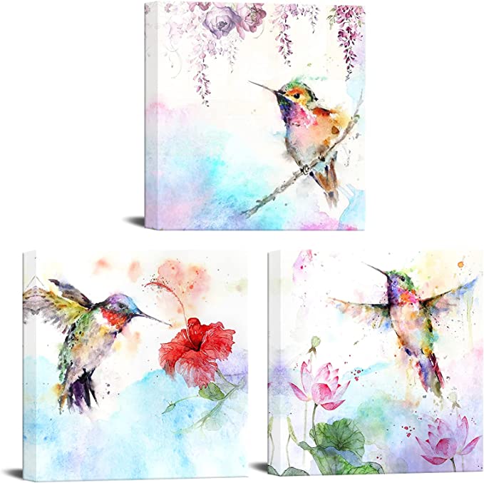 Photo 1 of 3Pcs Bird Canvas Wall Art Animal Picture Artwork Hummingbirds and Red Purple Flower Canvas Print Abstract Painting Vintage Wall Decor for Bedroom Office Home Farmhouse 12x12inchx3pcs