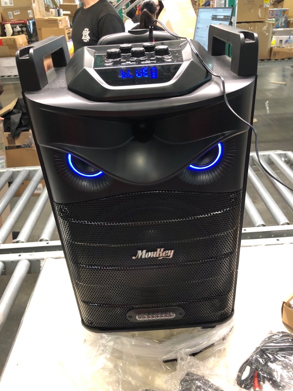 Photo 3 of Moukey Karaoke Machine, PA System Subwoofer, Portable Bluetooth Speaker w/ 2 Wireless Microphones, Lyrics Display Holder, Party Lights & Echo/Treble/Bass Adjustment, Support TWS/REC/AUX/MP3/USB/TF/FM 10" Subwoofer