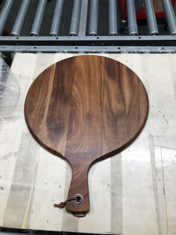 Photo 3 of BILL.F Wood Pizza Peel 16 Inch,16" Acacia Wood Round Cutting Board with Handle Pizza Board for Kitchen Charcuterie Decorative Board 16”