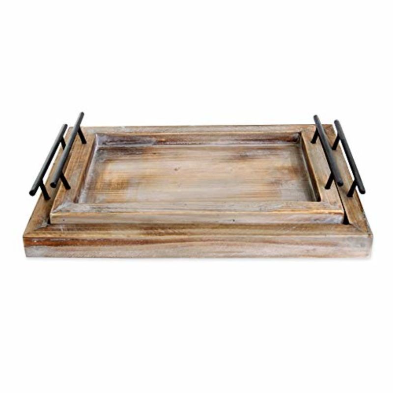 Photo 1 of Bison Home Goods Wooden Serving Trays With Handles (2 Pc. Set) Rustic Color, Farmhouse Wood Butler Platters | Serve Breakfast, Appetizer, Coffee,