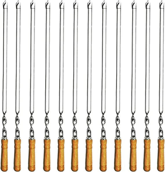 Photo 1 of Amestar 12 Pack Kabob Skewers BBQ Barbecue Skewers Stainless Steel Sticks 22 Inch Heavy Duty Large Wide Reusable with Nonslip Wooden Handle Ideal for Shish Kebab Chicken Shrimp and Vegetables