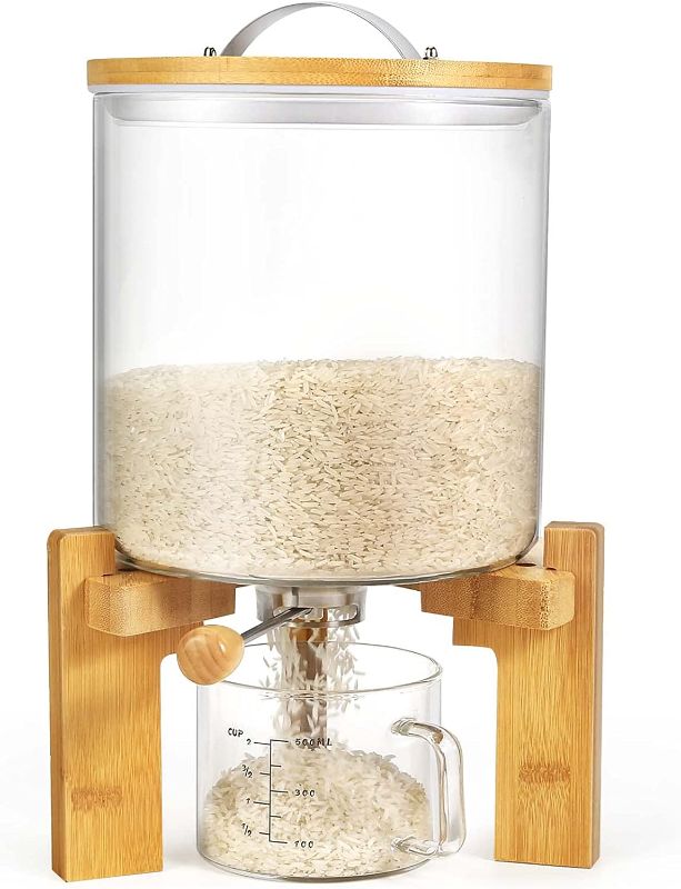 Photo 1 of  Flour and Cereal Container, Rice Dispenser 5L, Wooden Stand and Measuring Cup, Airtight Lid Cereal Dry Food Storge Container for Kitchen Pantry Organization