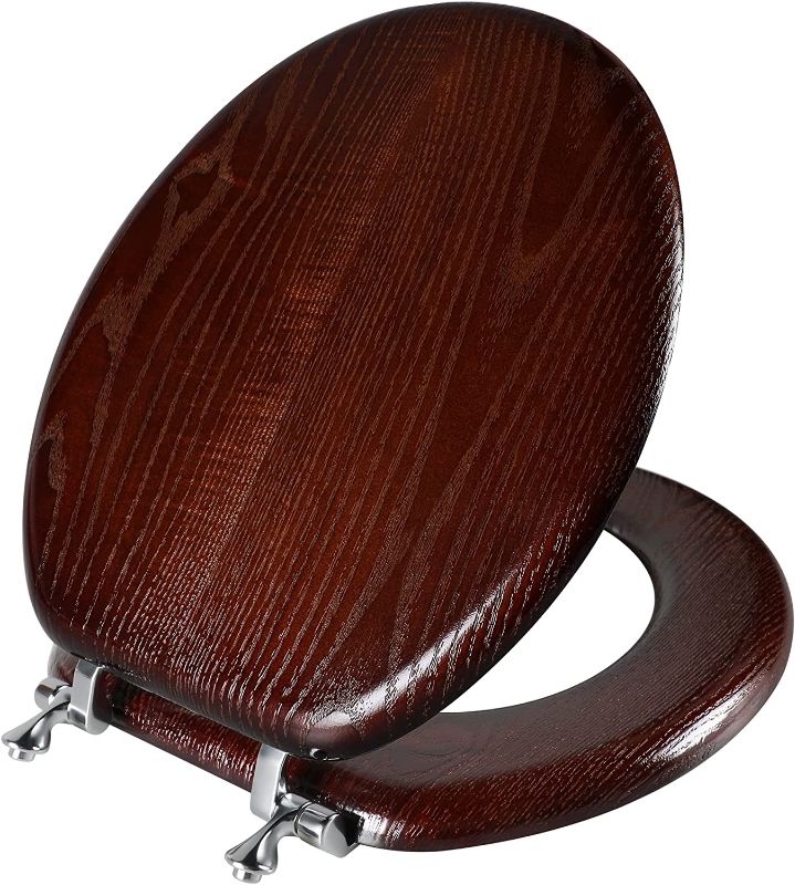 Photo 1 of Angel Shield Durable Wood Veneer Natural Toilet Seat Metal Hinged Easy Clean Anti-scratch American Standard(Round,Dark Walnut)
