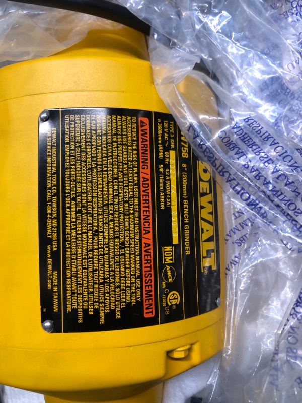 Photo 1 of DEWALT Bench Grinder, 8-Inch (DW758) & Wire Wheel, 8-Inch, Crimped, 5/8-Inch Arbor, Wide Face.014-Inch (DW4907) Bench Grinder + Wire Wheel, 2.44 pounds
