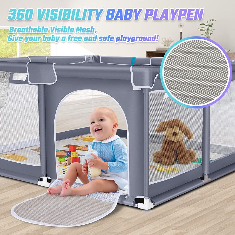 Photo 1 of Suposeu Baby Playpen, Play Pen with Mat for Toddlers, Portable Large Baby Fence Area with Anti-Slip Base, Baby Play Yard with Gate, Baby Fence (Gray)