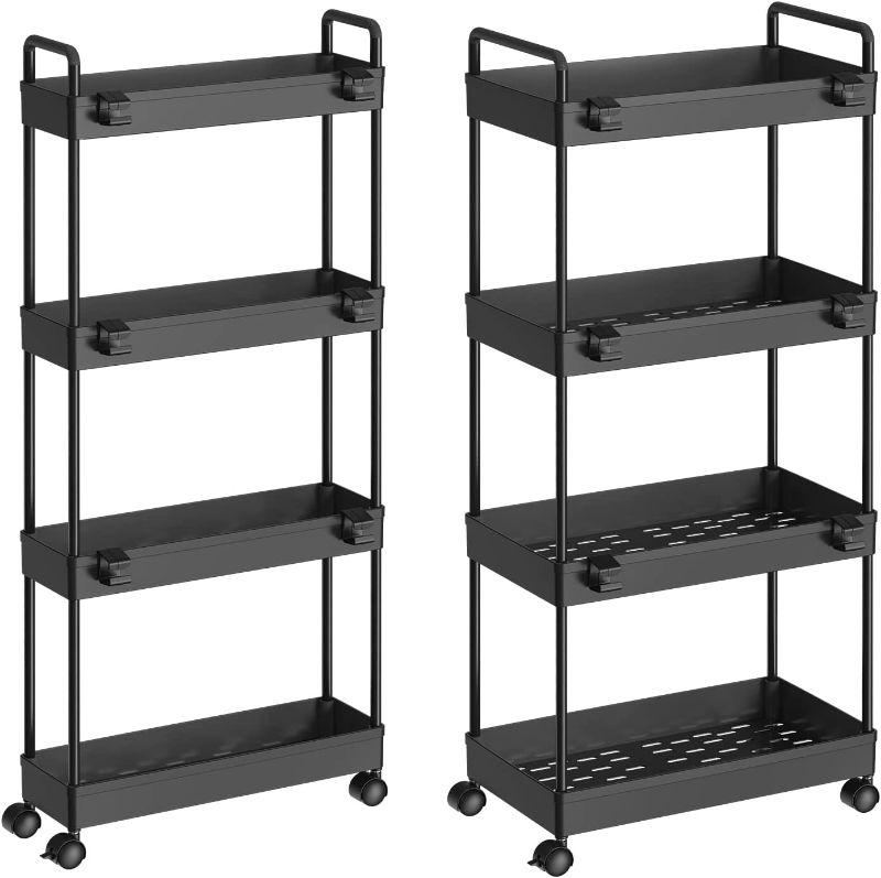 Photo 1 of 2 Pack 4 Tier Slim Storage Cart, Bathroom Organizer Laundry Room Organization Mobile Shelving Unit Slide Out Utility Rolling Rack with Wheels for Kitchen Garage Office Small Apartment Narrow Space