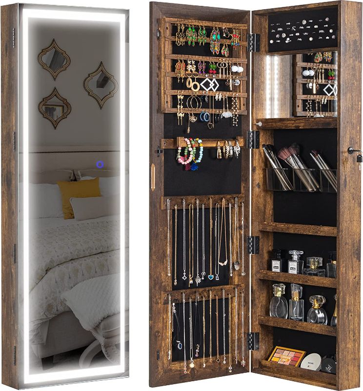 Photo 1 of Becko US 47.2" Jewelry Armoire with Mirror & Light Inside and Out, Jewelry Organizer Jewelry Cabinet with Full-Length Mirror & Lockable Keys, Wall/Door Mounted (Rustic Brown)