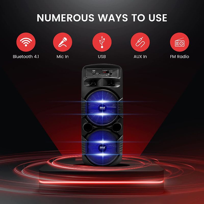 Photo 1 of Pyle Portable Bluetooth PA Speaker System - 600W Rechargeable Outdoor Bluetooth Speaker Portable PA System w/ Dual 8” Subwoofer 1” Tweeter, Microphone In, Party Lights, USB, Radio, Remote - PPHP2835B