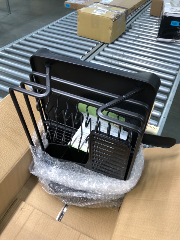 Photo 2 of [Upgraded] Aluminum Dish Drying Rack, ROTTOGOON Rustproof Dish Rack and Drainboard Set with Drainage, Utensil Holder, Cup Holder, Compact Dish Drainer for Kitchen Counter Cabinet, 16.9" x 12.2", Black [Upgraded Drainboard] Black