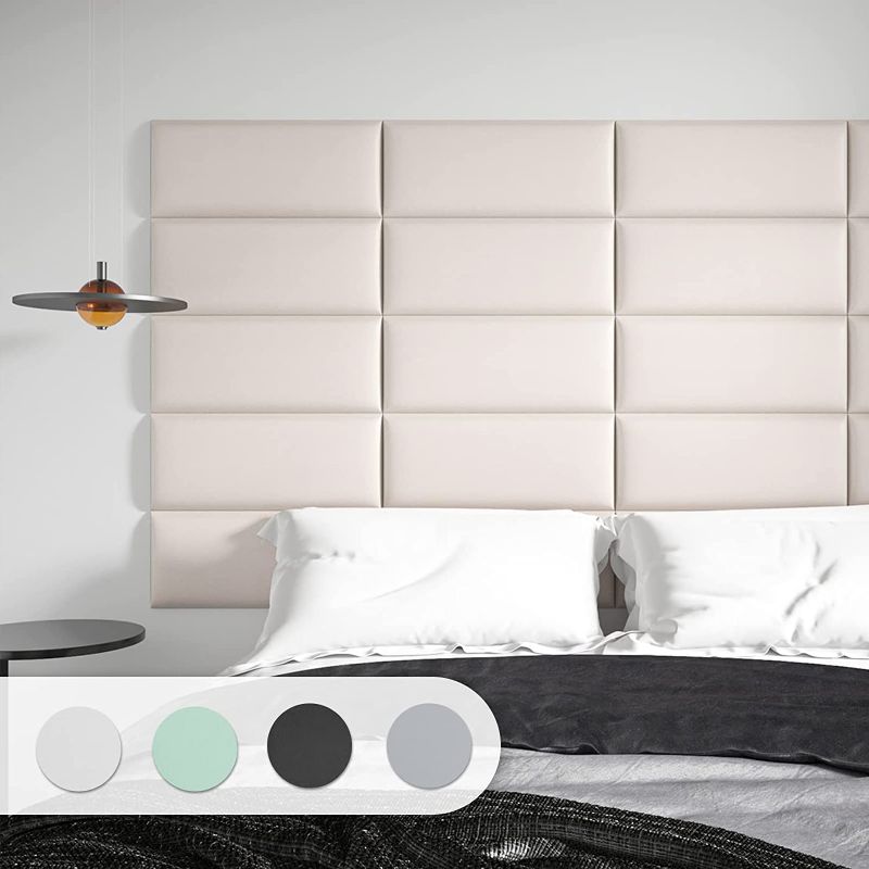 Photo 1 of Art3d Peel and Stick Headboard for King, Full and Queen in Grey, Pack of 12 Panels Sized 9.84" x 23.62", Soundproof Wall Panels 3D, Upholstered Wall Panel