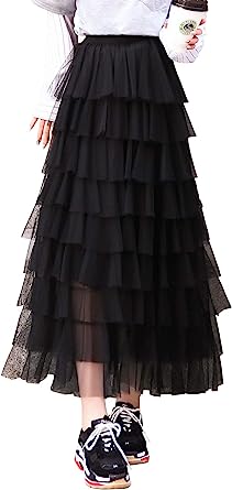Photo 1 of ebossy Women's Sweet Elastic Waist Tulle Layered Ruffles Mesh Long Tiered Skirt 2XL