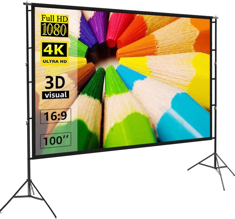 Photo 1 of Projector Screen and Stand,Towond 100 inch Indoor Outdoor Projection Screen, Portable 16:9 4K HD Rear Front Movie Screen Pull Down with Carry Bag Wrinkle-Free Design for Home Theater Backyard Cinema
