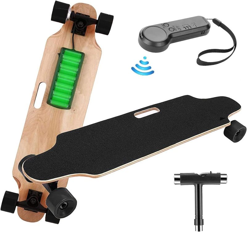 Photo 1 of elifine Electric Skateboard for Adults with Remote Control 12 MPH Top Speed 350W Motor 8 Layers Maple Electric Longboard Max Load 220 Lbs E-Skateboard
