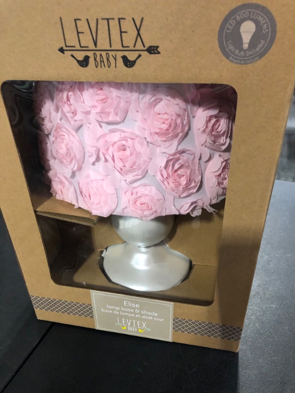 Photo 2 of Levtex Baby - Elise Table Lamp - Spindle Base with Pink Rosette Shade Lamp - Nursery Lamp - Base and Shade - Pink, Grey and White - Nursery Accessories - Measurements: 22 in. high and 6 in. Diameter