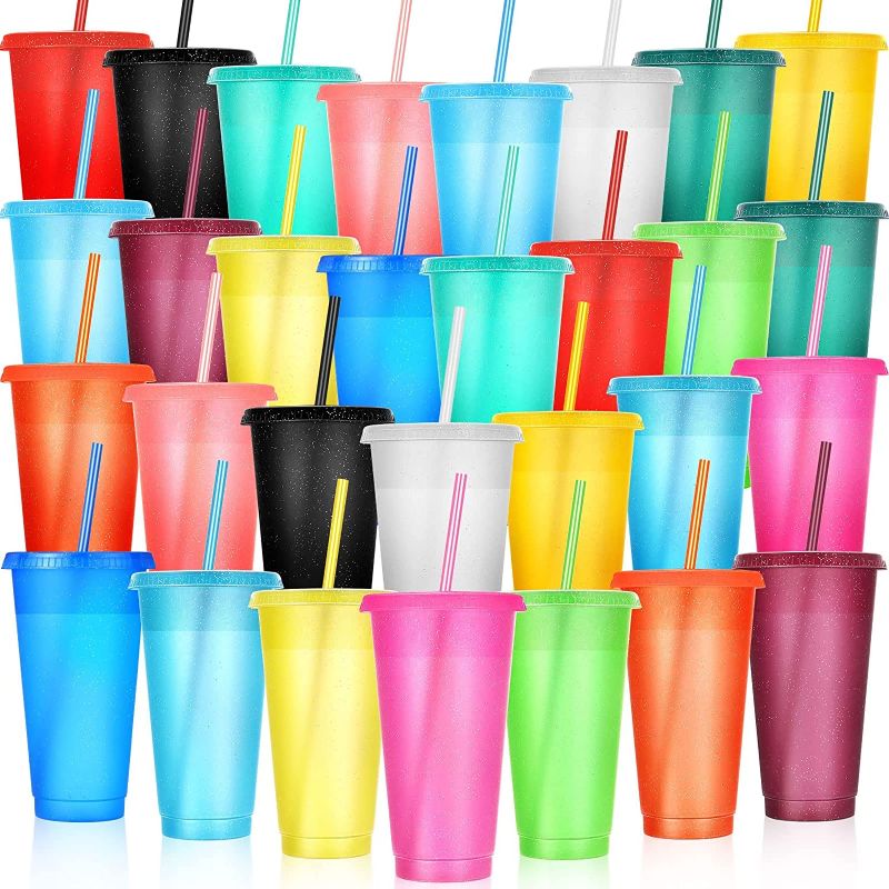 Photo 2 of Tumbler with Straw and Lid Bulk Water Bottle Iced Coffee Travel Mug Reusable Plastic Cups for Parties Birthdays 24-27 oz(Multicolor,30 Pack)